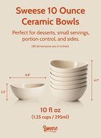 Sweese Porcelain Bowls 6-Pack - 5 Inch, 10 oz for Dessert, Soup, Rice, Microwave, Dishwasher Safe - Beige