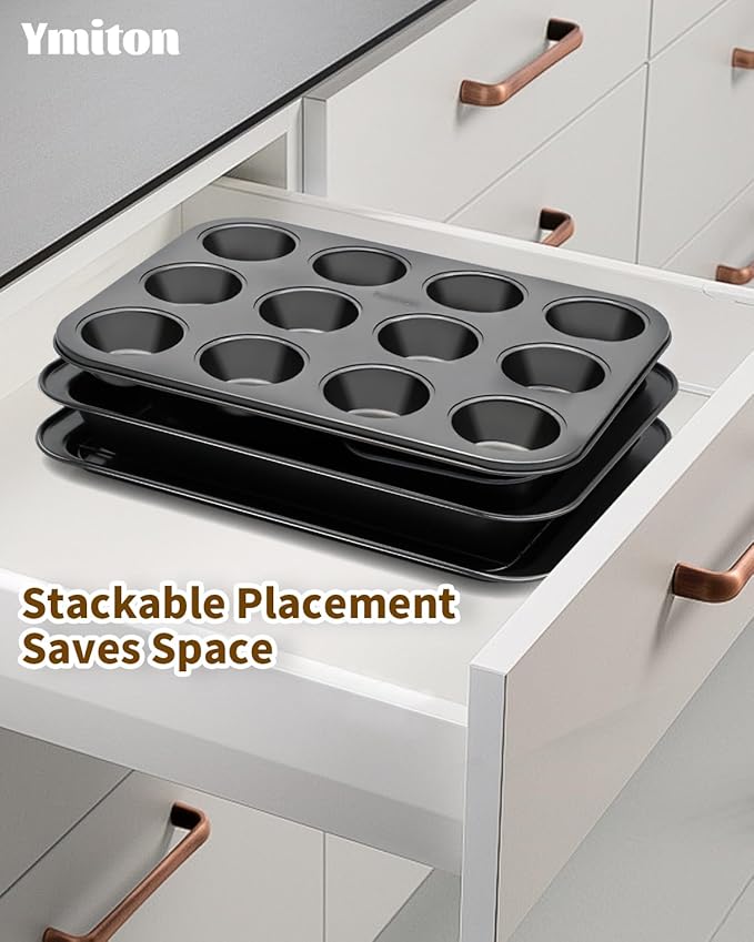 Nonstick Baking Pans Set, 19 PCS Stackable Bakeware Sets, Oven Pan Set Includes Baking Tray, Cookie Sheet, Cake Pans, Loaf Pan, Muffin Pan, Silicone Cups