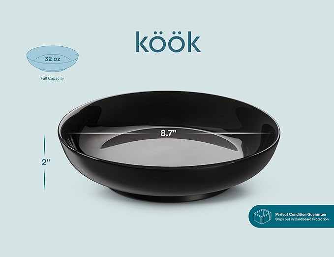 KooK Pasta Bowls Set of 6, Salad Bowl, Large, Ceramic, Microwave and Dishwasher Safe, Great for Soups and Salads, Shallow Serving Bowls, Glossy Porcelain, 32 oz, (Black)