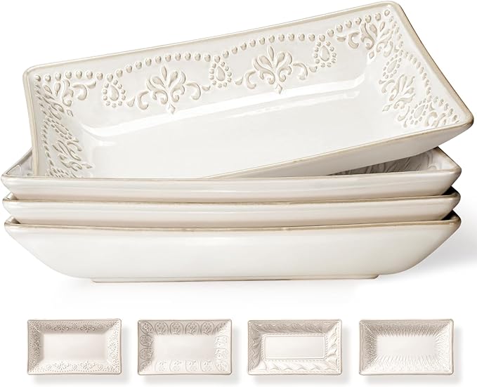 Artena Ceramic Pasta Bowls Set of 4-9.85 Inch Large Salad Bowls, 25 oz Serving Bowls for Soup, Dinner & Party - Embossed Microwave Safe Kitchen Dishes, Rectangle Plates (Multiple Patterns)
