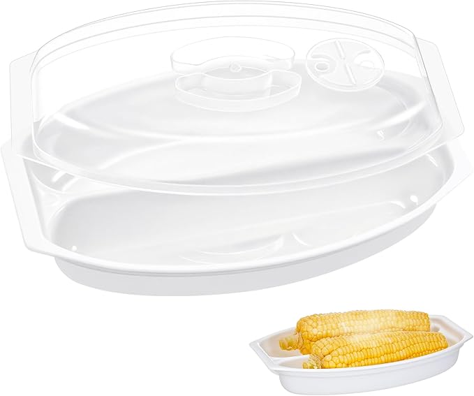 1 Pcs Microwave Corn Steamer with Lid for Frozen Corn Broccolini Vegetables on The Cob, Fast & Easy, 2 Pcs at Once, Vented Lid, Dishwasher Safe, Microwave Dishes Steamer Kitchen Tool (White)
