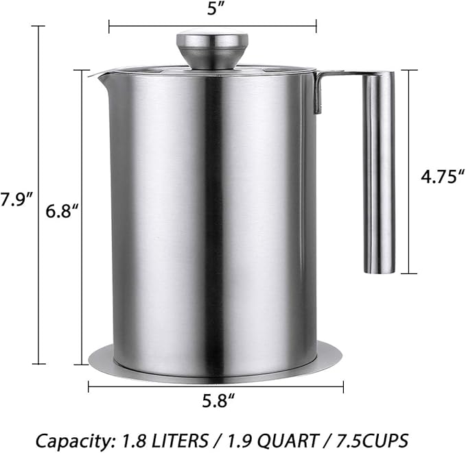 Sumerflos 1.8 L/1.9 Quart Stainless Steel Grease Strainer and Container - Large Oil Storage Pot Grease Keeper with Dust-Proof Lid & Easy Grip Handle - for Bacon, Kitchen Cooking or Frying Oil