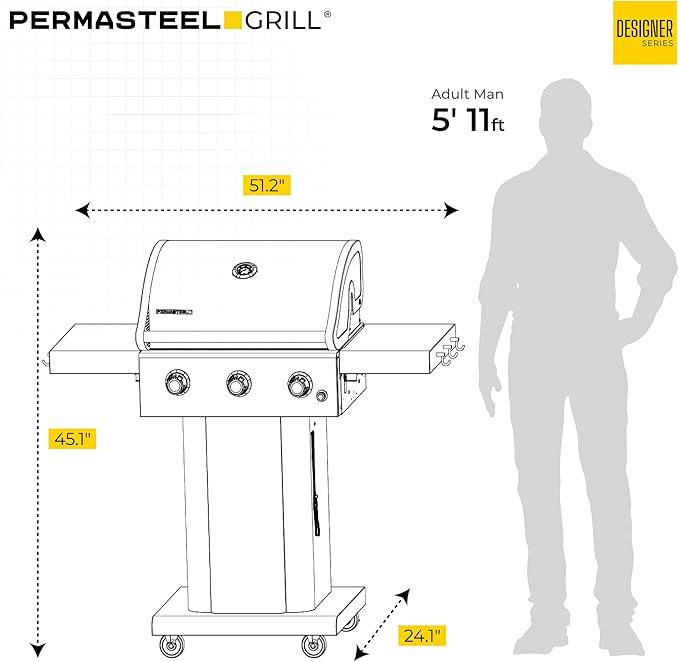 Permasteel 3-Burner Propane Gas Grill, 30,000 BTUs BBQ Grill with Cast Iron Grates, Foldable Side Tables & Tool Hooks, Outdoor Grill, Azure