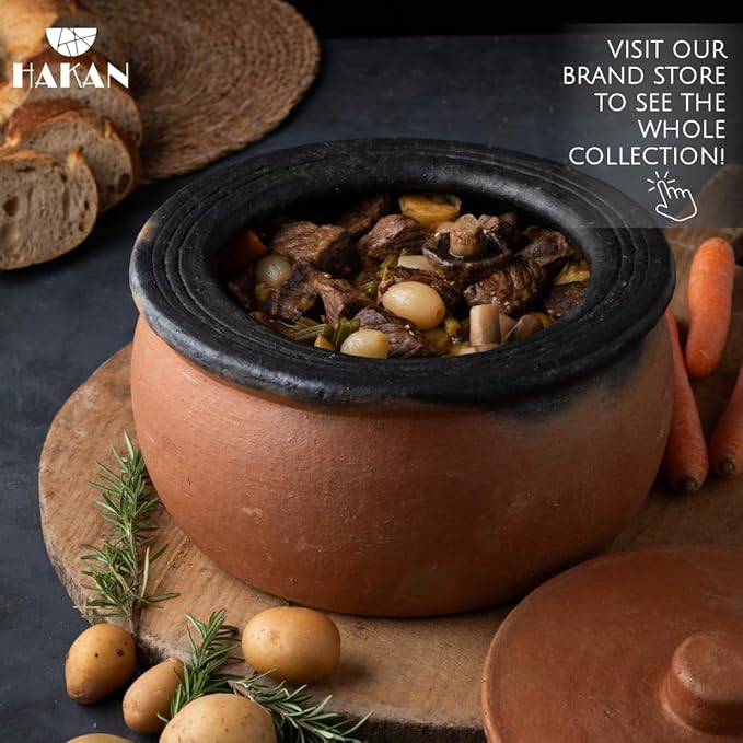 Hakan Efes Clay Cooking Pot with Lid, MIDI 2.9 Quarts Clay Pots for Cooking, Earthenware Rice Pots, UNGLAZED Traditional Casserole for STOVE Top, Portuguese Terracotta Roaster, 94.7 oz (2.8 L)