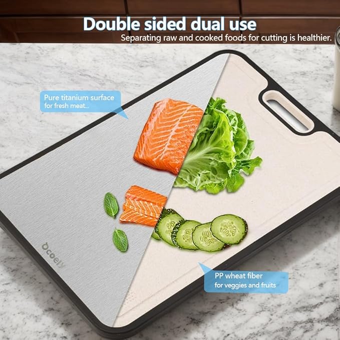 Titanium Cutting Boards for Kitchen – Dual-Sided Solid Titanium & Wheat Straw PP, Large Food-Safe Cutting Board with Juice Groove & Garlic Grinder for Meat, Veggies, Commercial or Home Use, 15”×11”