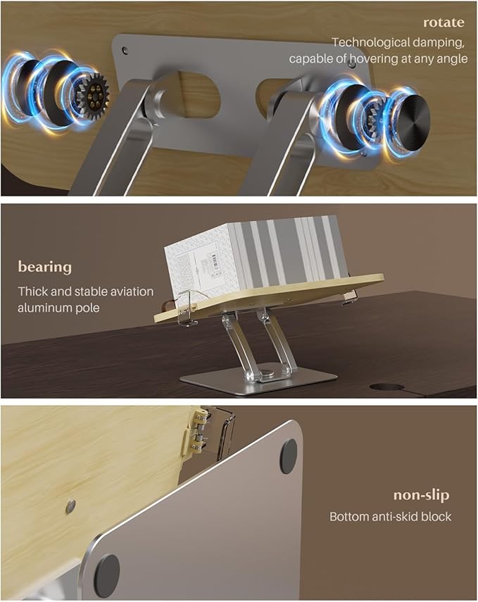 Book Stand for Reading,KVRG Adjustable Book Holder with 360° Rotating Metal Base,Foldable Cookbook Stand, Reading Hands Free with ABS Expandable Page Clips for Recipe,Textbook,Laptop-Oak