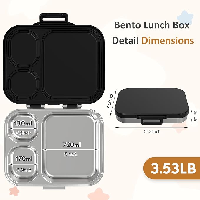 Stainless Steel Bento Box Kids, Leak Proof Metal Bento Lunch Box,3 Compartments 304 Stainless Steel Bento Lunch Containers for School and Office,Dishwasher Safe, BPA-Free(Black)