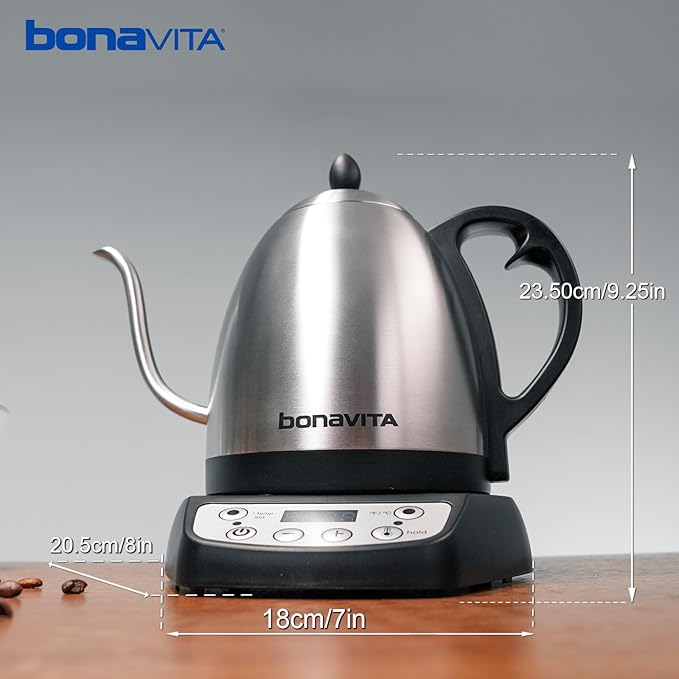 Bonavita 1L Digital Variable Temperature Gooseneck Electric Kettle for Coffee Brew and Tea Precise Pour Control, 6 Preset Temps, Café or Home Use, 1200 Watt, LED Panel, Stainless Steel