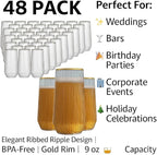 48 Pack Ribbed Ripple Stemless Toasting Glasses, Origami Durable 9 Oz BPA-Free Disposable Plastic Champagne Flutes for Weddings, Bars, Events, and Celebrations (Gold Rim)