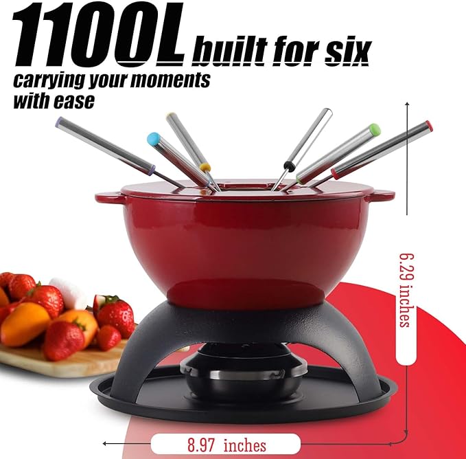 Artestia Cast Iron Cheese Fondue Set 11-Piece with Adjustable Burner, 6 Colored Forks, 5-Cup Red Swiss Fondue Set for Cheese, Chocolate, Caramel, Meat – Family Size 4-6 Persons