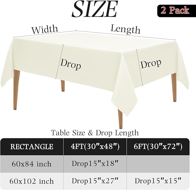 WIGENIUS 2 Pack Ivory Table Cloth Rectangle 60x84Inch Polyester Tablecloths for 5ft Rectangle Tables - Reusable Wrinkle Resistant Washable Cloth Cover for Wedding Banquet Party | Hemmed Edges