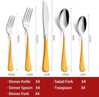 20-Piece Yellow Silverware Set 18/0 Stainless Steel Flatware Yellow Handle Cutlery Set Service for 4 Dinner Knives Forks Spoons Set Mirror Finish Dishwasher Safe