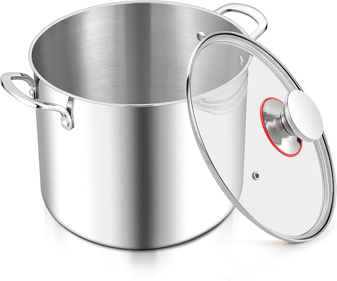 E-far 10 Quart Stock Pot, Large Tri-Ply Stainless Steel Soup Pot with Glass Lid and Riveted Handles, Tall Induction Cooking Pot for Canning/Simmering/Stewing, Heavy Duty & Dishwasher Safe