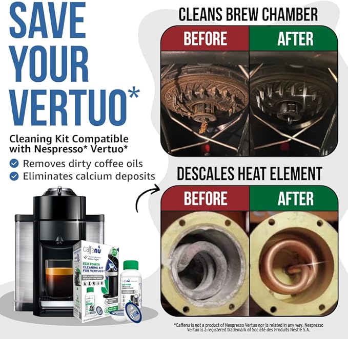 Caffenu Descaling Kit Compatible with Nespresso Vertuo, 2 Uses Descaling Solution and 6 Cleaner Pods. Removes Limescale & Cleans Pod Area. Better Tasting & Hotter Coffee. 4 Months Supply.