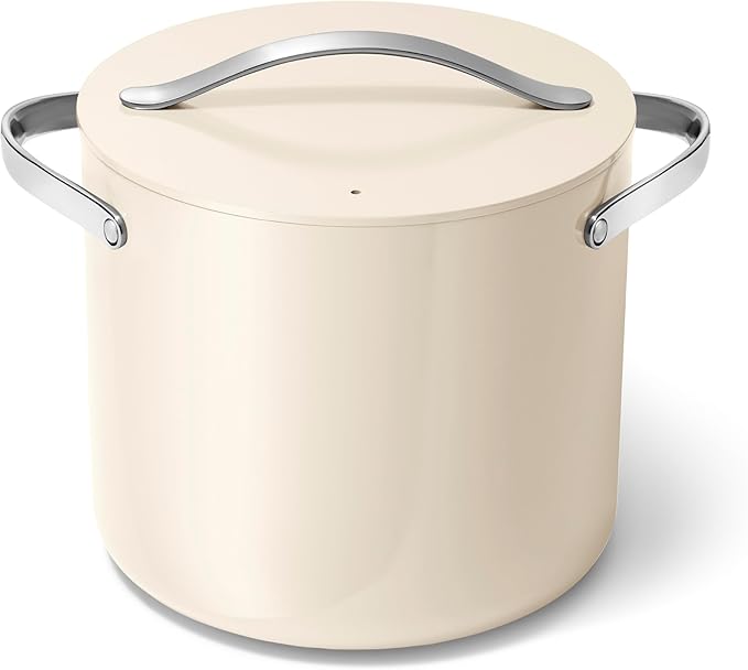 Caraway Stock Pot - 12 Qt Ceramic Coated With Lid - Free From Forever Chemicals - Large for Bigger Batches - Cream
