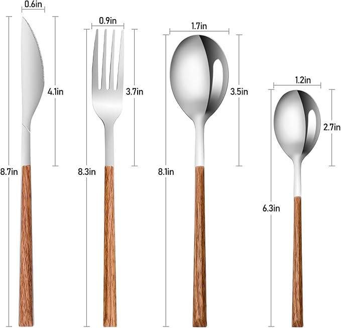 Stainless Steel Flatware Set for 4, Cutlery Utensils Set with Simulated Wooden Handle Include Knives Forks Spoons Service for 4, Mirror Polished and Dishwasher Safe (Silver)