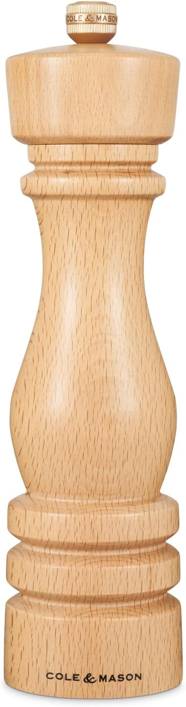 Cole & Mason London Refillable Spice Mill - Kitchen & Home Accessory - Table Black Pepper Grinder - Pepper Mill with Carbon Steel Mechanism - 8", Natural Beech