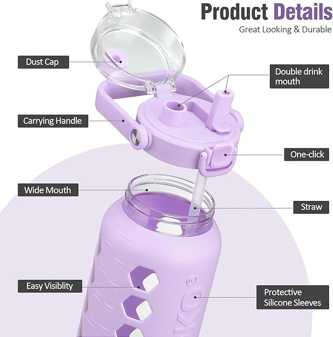 MUKOKO Half Gallon/64 oz Glass Water Bottles with Straw and Lid,Motivational Water Jug with Time Marker Reminder and Silicone Sleeve,100% Leakproof BPA Free Fitness Sports Large Bottle-Purple