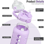 MUKOKO Half Gallon/64 oz Glass Water Bottles with Straw and Lid,Motivational Water Jug with Time Marker Reminder and Silicone Sleeve,100% Leakproof BPA Free Fitness Sports Large Bottle-Purple