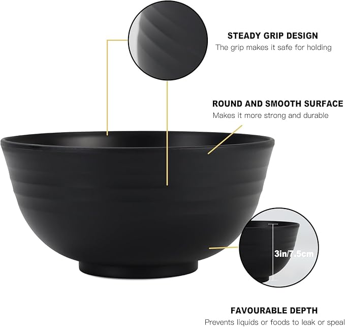Homienly Cereal Bowl Set, Wheat Straw Bowls for Kitchen, Unbreakable Lightweight Bowl Set of 8, Microwave and Dishwasher Safe Bowls, Reusable Bowl for Serving, Cereal, Snack,Fruit(Black, 26 OZ)