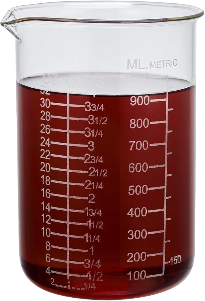 Ackers Etched Graduated Glass Measuring Cup - V-Shaped Spout- High Borosilicate Glass Measuring Cup for Kitchen or Dining, Easy to Read,1000 ML (32 Oz, 4 Cup)