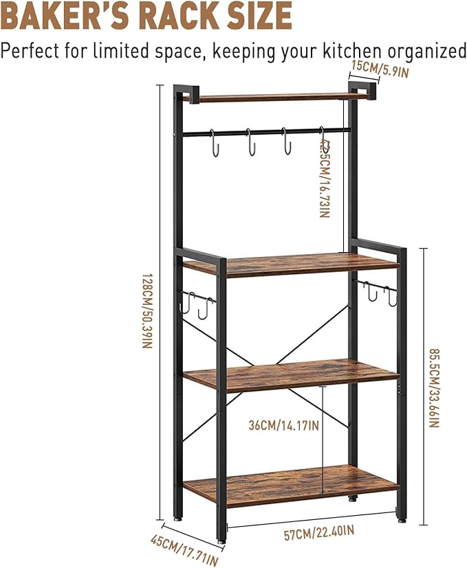Baker's Rack with Power Outlet, 4-Tier Standing Kitchen Rack Microwave Stand Storage Shelves, Coffee Bar Station Cabinet Table, Heavy Duty Kitchen Organizer for Coffee Bar, Bread