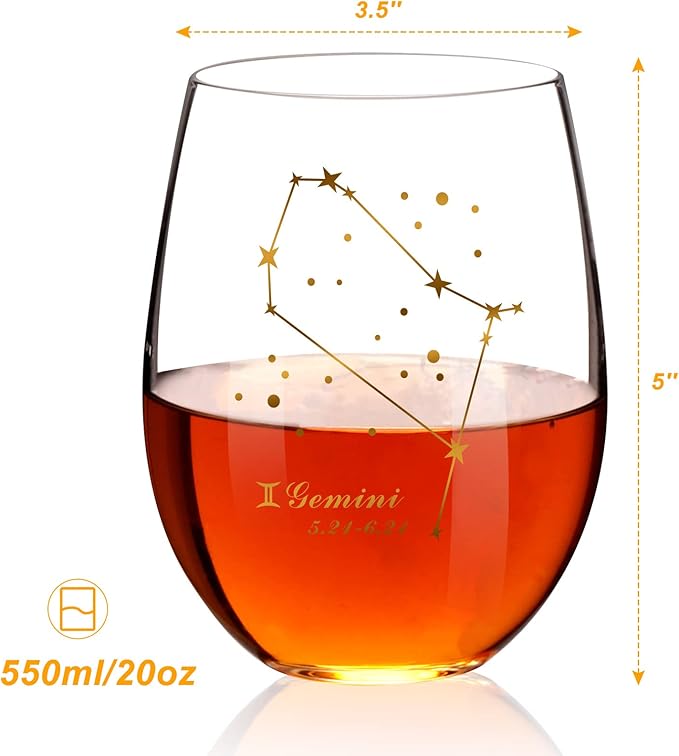 HOHY Gemini Stemless Wine Glass - 20 Oz, Constellation Design, Astrology Zodiac Gift for June Birthday Women