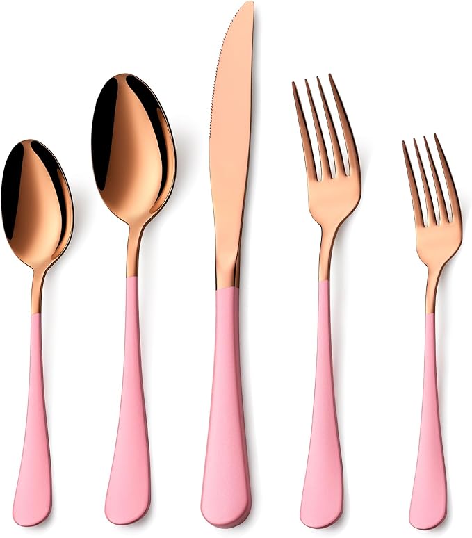 20 Piece Rose Gold Pink 18/0 Flatware Utensil Set for 4, Include Dinner Knife,Dinner Forks,Dinner Spoons,Salad Forks,Teaspoons,Silverware Set for 4, Dishwasher Safe