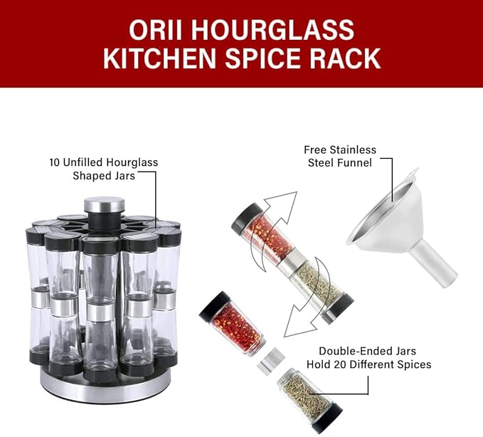 Orii Hourglass Kitchen Spice Rack with 20 EMPTY jars with FREE Stainless Steel Funnel and Labels
