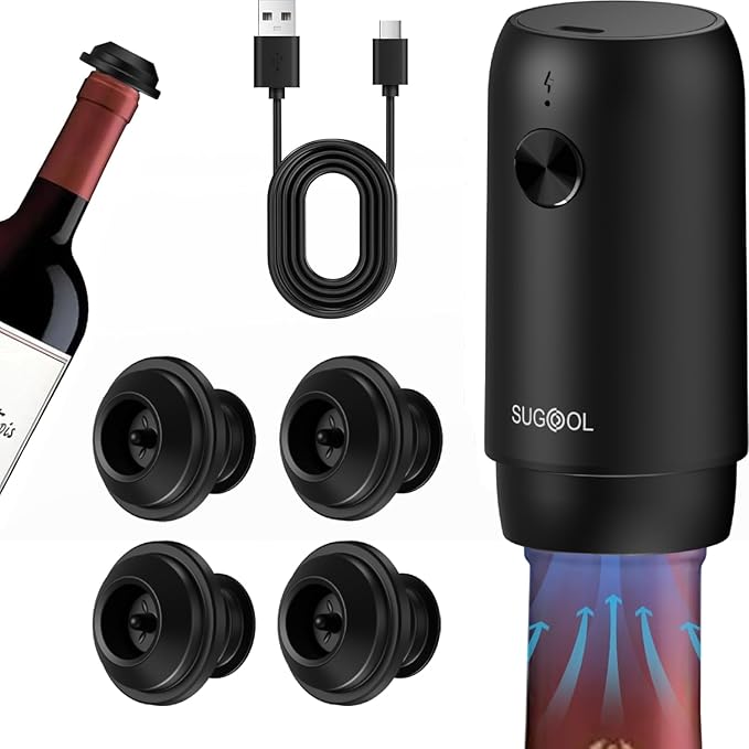 Electric Wine Saver & Preserver Pump with Vacuum Wine Stopper, Rechargeable, 4 Reusable Wine Stoppers, Wine Sealer, Keep Wine Fresh for Days