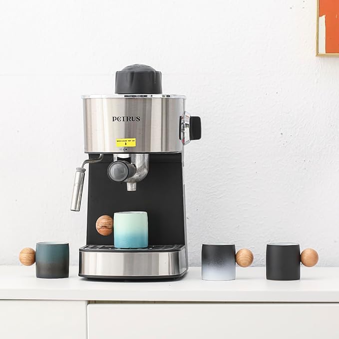 2-Oz Ceramic Espresso Cups with Wood Handle, 2/4-Piece Set for Coffee, Tea, Latte - Dishwasher Safe, Multi-Color & Wood Styles, Gift & Café Use (blue black, Round handle4)