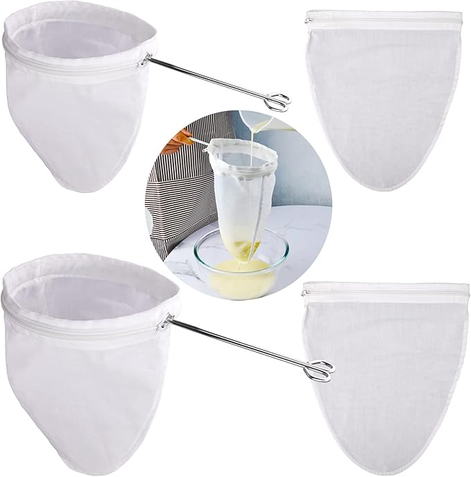 WMKGG Ultra Fine Mesh Strainer Bags, Reusable Mesh Filter Bags with Stainless Steel Handle Frame for Filter NutMilk, Coffee, Milk, Butter, Juices and Fresh Cheese (Large + Small)