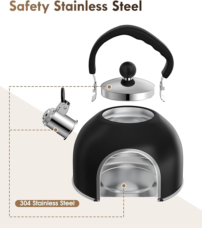 Premium Stainless Steel Tea Kettle for Stove Top - 2 Quart Classic Stovetop Teapot, Loud Whistle Kettle with Ergonomic Handle - Ideal for Hot Water & Tea,Coffee & Kitchen Decor(black)