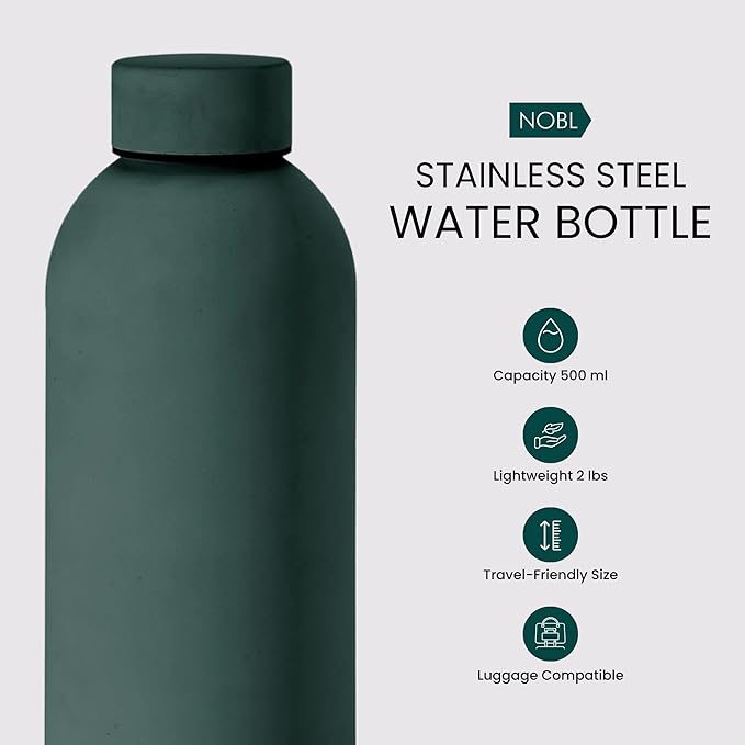 NOBL Stainless Steel Water Bottle,17 oz, 500 ml, Double Wall Vacuum Insulation, Sealed Thermos Bottle Keeps Drinks Cold 24 Hrs & Hot 12 Hrs, Leak Proof, Fits Noble Carry-On Cup Holder - Forest Green