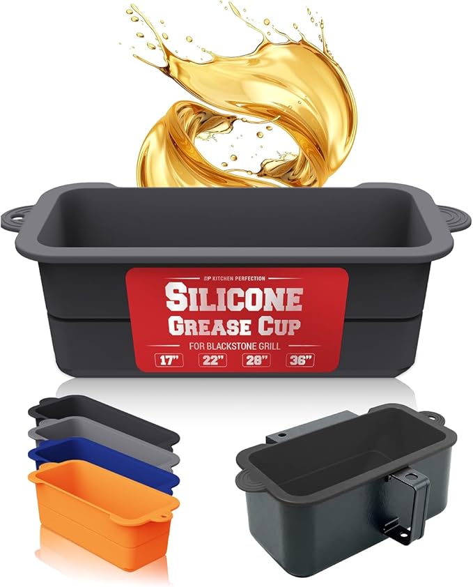 Kitchen perfection 2 Reusable Silicone Grease Cup Liners for Blackstone Griddle Grill - Fits 36 28 22 17 - Drip Catcher Tray Pans - A Must Have Blackstone Accessries for Easy Cleaning