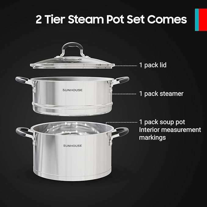SUNHOUSE 3 Quarts Steamer Pots With Lid 2-Tier Multipurpose Stainless Steel Steaming Pot Cookware For Vegetable, Dumpling, Sauce, Food - Triple Bottom, Measurement Line
