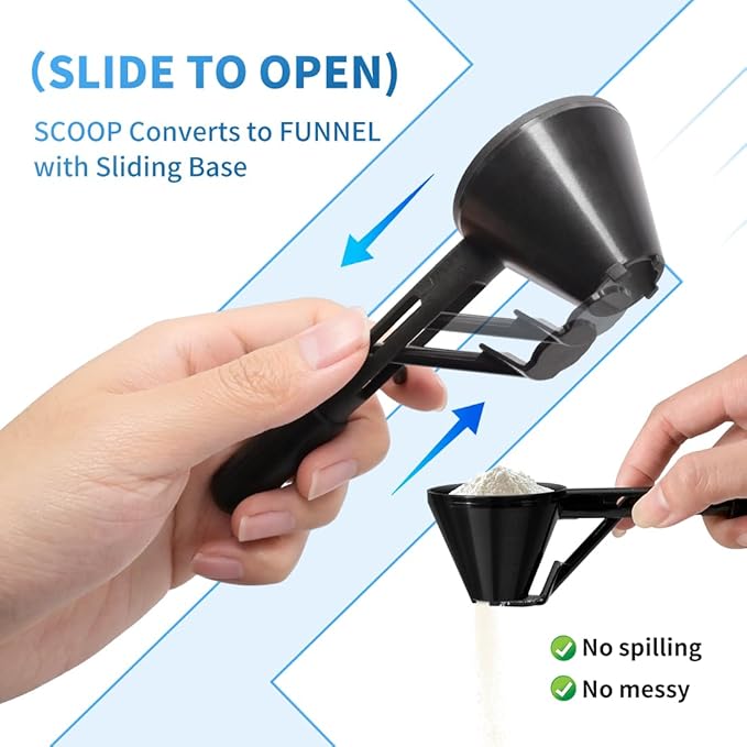 Water Bottle Funnel Pre Workout Scoop for Protein Powder 2 Pack Slide Bottom Measuring Scoop with Funnel for Coffee Grounds and Powder