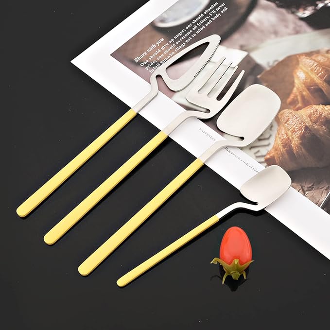 JASHII Hangable Silverware Set, Fresh Macaron Colors Flatware Cutlery Set Service for 2, Satin Finish 8 Piece Stainless Steel Utensils Set for Home and Restaurant, Dishwasher Safe(Yellow Silver)