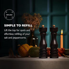 Cole & Mason London Refillable Spice Mill - Kitchen & Home Accessory - Salt & Pepper Grinder Set - Salt Mill with Ceramic Mechanism - Pepper Mill with Carbon Steel Mechanism - 8", Chocolate Wood