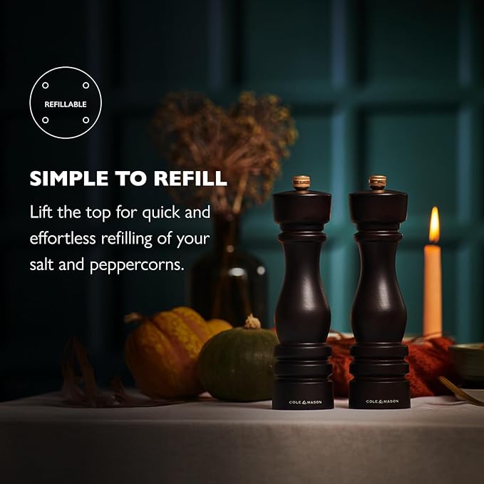 Cole & Mason London Refillable Spice Mill - Kitchen & Home Accessory - Salt & Pepper Grinder Set - Salt Mill with Ceramic Mechanism - Pepper Mill with Carbon Steel Mechanism - 8", Chocolate Wood