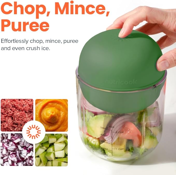 Choppi Cordless Electric Vegetable Chopper & Mini Food Processor for Dicing, Shredding, Mincing, and Puree, Portable and Rechargeable, 2-Cup, 500 mL, 4000 mAh Battery, Sage Green