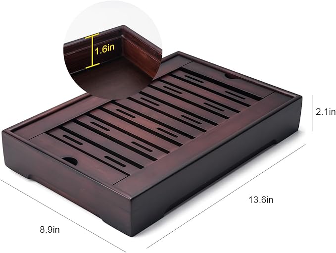 Bamboo Chinese Tea Tray - 13.6 x 8.9 inch Japanese Tea Serving Tray, Gongfu Tea Table Set with Reservoir Type Water Storage Box - Large