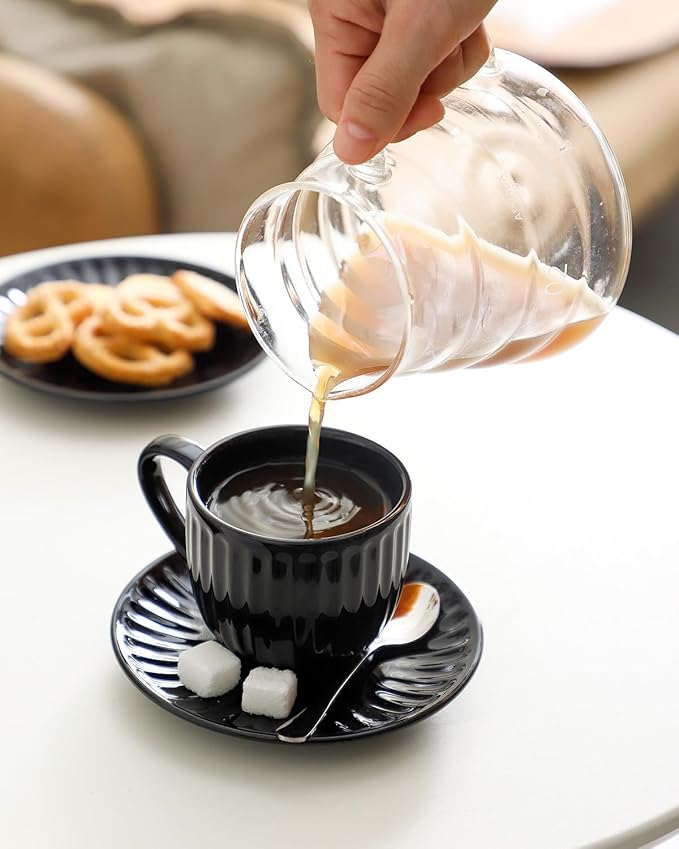 Hasense 6 Oz Cappuccino Cups with Saucers Ceramic, Ribbed Espresso Cups Set of 4 for Coffee,Tea,Latte and Macchiato, Aesthetic Gift for Anniversary or Holiday, Black