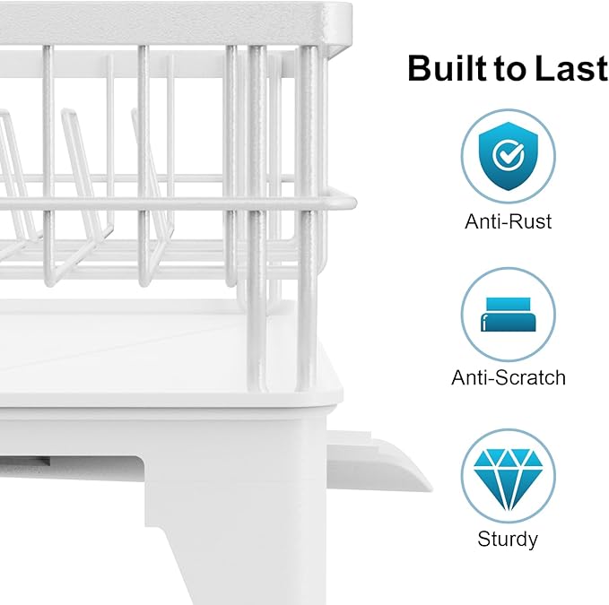 GSlife Extendable Dish Drying Rack - Large 2-in-1 Dish Racks for Kitchen Counter and Over Sink, Anti-Rust Dish Drainer with Drainboard, 2 Pan Slots and Utensil Holder, White