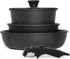 5PCS Pots and Pans Set Non Stick, Kitchen Cookware Sets with Detachable Handle, Ceramic Cookware Sets, Non Stick RV Cookware Cooking Set, Dishwasher ＆ Oven Safe, PFOA Free, Black