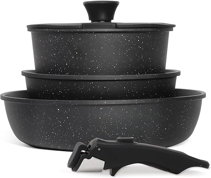 5PCS Pots and Pans Set Non Stick, Kitchen Cookware Sets with Detachable Handle, Ceramic Cookware Sets, Non Stick RV Cookware Cooking Set, Dishwasher ＆ Oven Safe, PFOA Free, Black