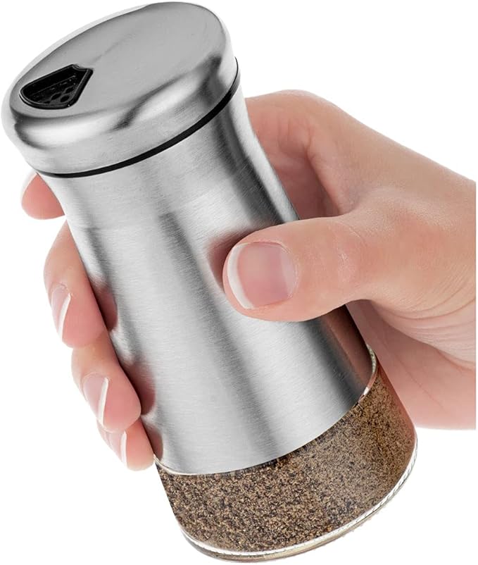 Pepper Shaker or Salt Shaker with Adjustable Pour Holes - Elegant Stainless Steel Spice Dispenser - Perfect for Himalayan, Table Salt, White and Black Pepper (Pepper Shaker)