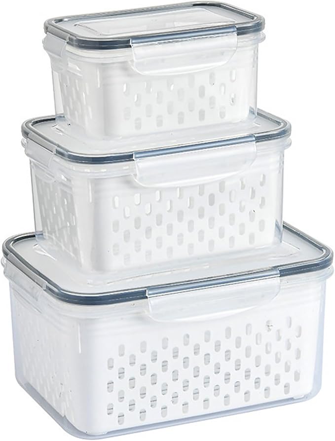 3 PCS Fruit Storage Containers for Fridge with Removable Colander, Leak proof Food Storage Containers, Airtight Food Storage Containers, Food Storage Container with Lids, Keep Food Meat Fresh