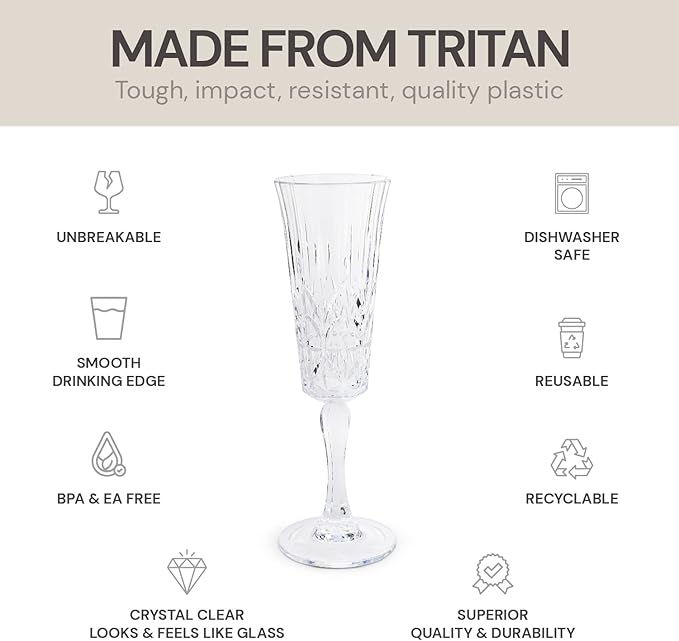 BELLAFORTE - Shatterproof Tritan Plastic Champagne Flute Clear, 6oz, set of 4 Myrtle Beach Dishwasher Safe Plastic Champagne Glasses - Glassware for indoor and Outdoor Use, BPA Free