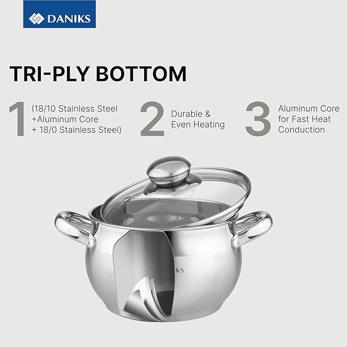 Daniks Classic 11-Piece Stainless Steel Cookware Set with Glass Lids, Includes Saucepan and Frying Pan with Lid, Tri-Ply Bases for Even Heating, Induction Compatible, Dishwasher Safe